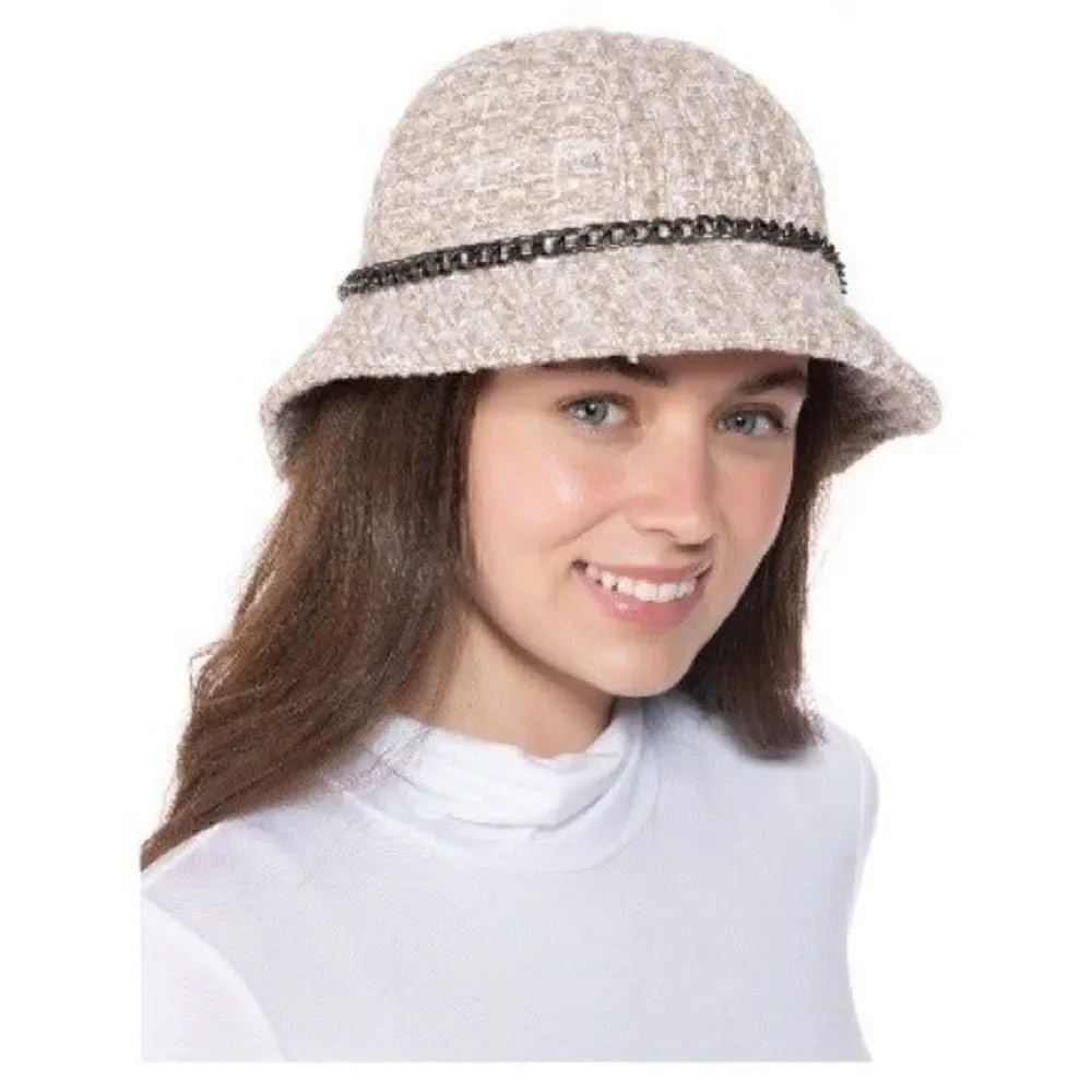 INC Chain Tweed pink Trim Chain Winter Cloche Hat NEW pale pink